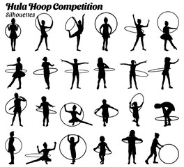 Collection of vector illustrations of silhouettes of children competing to play the hula hoop