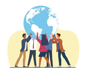 Businessman and Businesswoman carry world globe on back. People hold Earth. Worldwide company. Business leadership and career responsibility concept. Vector cartoon flat isolated illustration