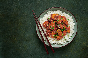fried chicken teriyaki with rice, green onion and sesame, homemade, no people,