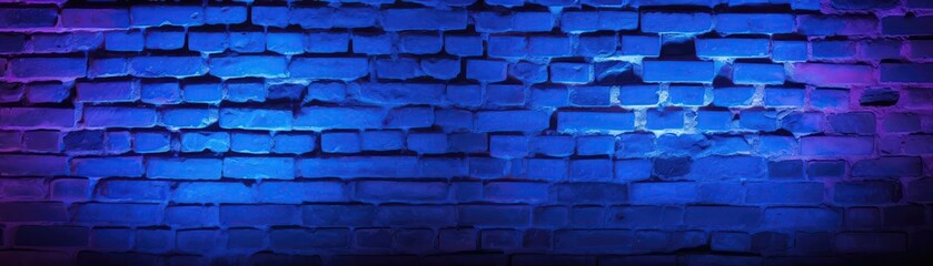 Brick Wall In Hyper Blue Neon Colors Panoramic Banner - obrazy, fototapety, plakaty