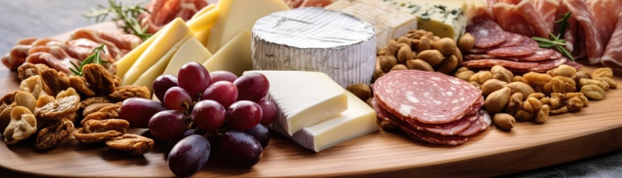 Cheese And Charcuterie Board On White Plate, On Panoramic Banner