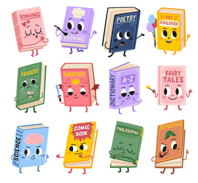 Cartoon funny books characters. Cute kids mascots with different emotions, various genres literary volumes, smiling faces. Poetry and fairy tales. Detective and romance. Tidy vector set
