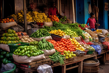 vegetables on the market, fruit and vegetable stall in a busy urban market