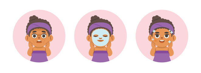 Step of face masking half body black girl illustration cartoon character vector design on white background. beauty concept.