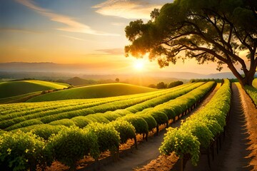 beautiful view of vineyard in sunset