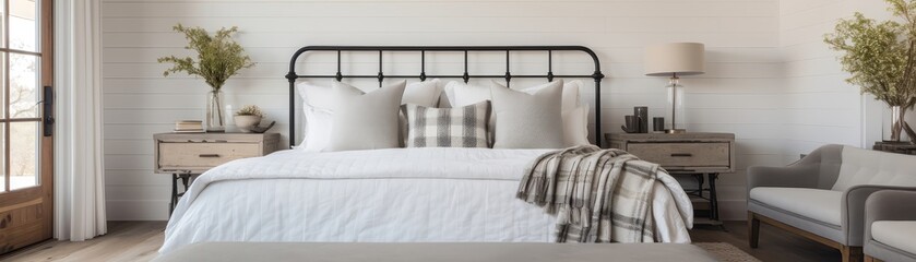 Farmhousestyle Guest Room With Wrought Iron Bed And Rustic Decor Modern Farmhouse Interior Design Panoramic Banner