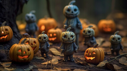A spooky Halloween display with carved pumpkin faces