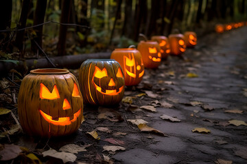 A row of spooky jack o' lantern pumpkins ready for Halloween festivities