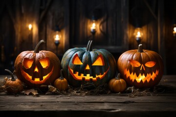 Halloween concept: spooky collection of jack o' lantern pumpkins. Presented in a scary scene. Generative AI.

