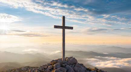 Photo of a beautiful Christian cross on top of a mount, christianity backgroud with copyspace...
