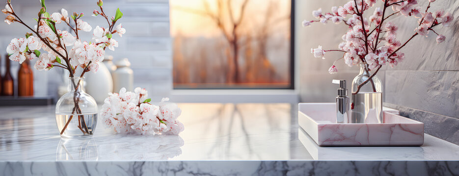 White marble countertop of a luxurious washbasin with space for displaying bath products or cosmetics. Blurred background, flowers and bathroom decoration. Banner for web. Copy space.