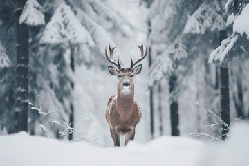 A deer stands in front of a snow covered field in a winter forest.
