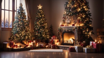 Decorated Christmas Tree with Fireplace in cool night