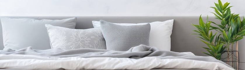 Modern Room With Pillow Bed With Gray Cotton Linens Closeup Pillow Beds, Gray Cotton Linens, Modern Room Decor, Closeup Photography Panoramic Banner