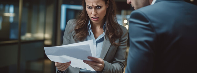 Frustrated female employee reads a dismissl document in the presence of her boss - obrazy, fototapety, plakaty