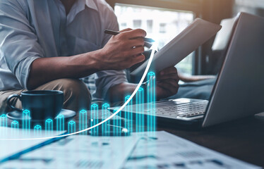 investment, graph, finance, bar, growth, profit, analysis, chart, report, indicator. close up hand...
