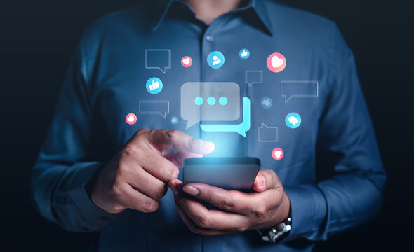 love, like, bubble, message, speech bubble, balloon, discussion, social media, shape, chat. touching smartphone for chatting and message. social network has like, love, speech bubble spread around.