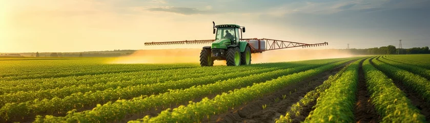 Schilderijen op glas Tractor Spraying Pesticides In Soybean Field During Springtime Panoramic Banner © Anastasiia