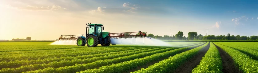 Gordijnen Tractor Spraying Pesticides In Soybean Field During Springtime Panoramic Banner © Anastasiia
