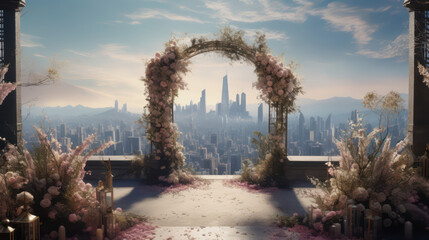 Floral Wedding Stage with City Views. Wedding Stage And City In Background. Beautiful Wedding Template. Generative AI