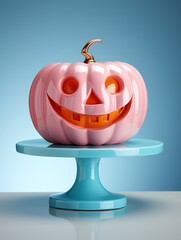 Halloween White Pumpkin Vase Decorations with Roses on Cake Stand, Blue Grey Gold Background. Gothic Romantic Theme.