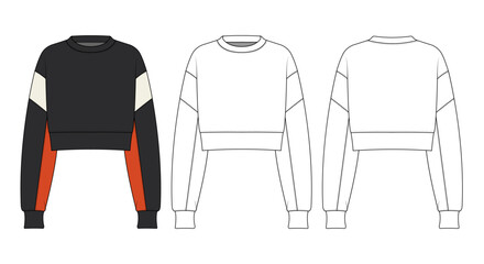 sweatshirt flat drawing technical sketch template. front and back sweatshirt outfit design vector illustration for a clothing brand. fashion CAD drawing mock up design for garment, apparel template.