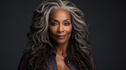 Fototapeta premium Portrait of senior mature middle aged lady with long gray natural coloring vibrant silky hair.