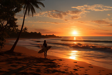 Fototapeta premium surfer woman with surfboard on the beach near sea