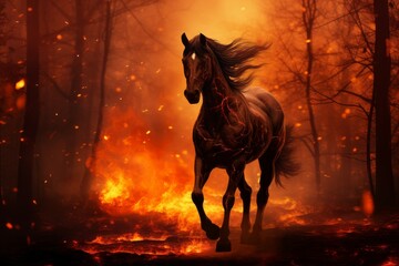 Untamed Fire horse in night forest. Fog fantasy night. Generate Ai