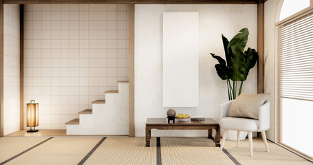 Muji chair furniture and japan room interior design minimal.3D rendering - obrazy, fototapety, plakaty