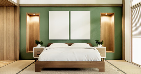 green design on bed room japanese deisgn with tatami mat floor. 3D rendering