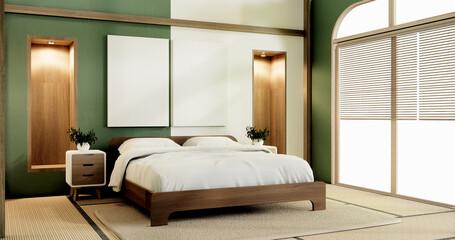 green design on bed room japanese deisgn with tatami mat floor. 3D rendering
