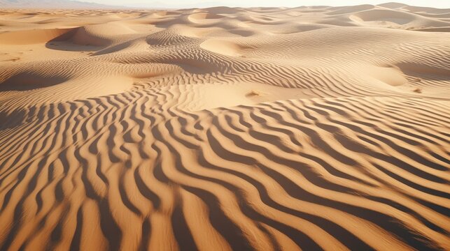 A Breathtaking Aerial View Of Wind-sculpted Sand Dunes In An Arid Desert Region. The Overhead Shot Reveals Beautiful Natural Patterns And Contrasts, With Sunlight Casting Shadows On The Sandy Landsca