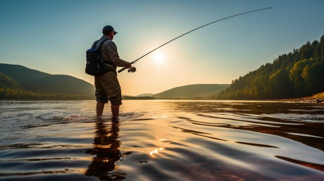 A determined fisherman casts his line in a serene lake, surrounded by vastness. The sunlight creates beautiful reflections on the water, captured with a Sony Alpha a7 III camera and Sony FE 16-35mm f