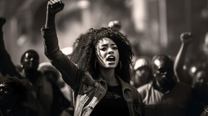 Black woman raising her fist at a protest, concept of the Black Lives Matter movement and highlighting racial inequality - obrazy, fototapety, plakaty