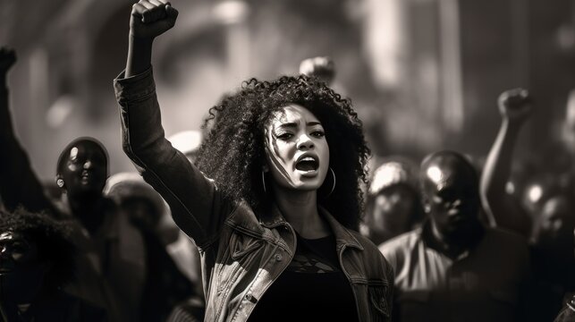 Black woman raising her fist at a protest, concept of the Black Lives Matter movement and highlighting racial inequality