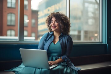 Plus-size, overweight beautiful large female businesswoman smiling at her laptop