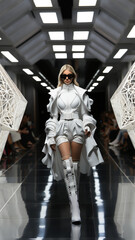 A fashion model at a catwalk in futuristic dress during a fashion show or fashion week. AI Generative.