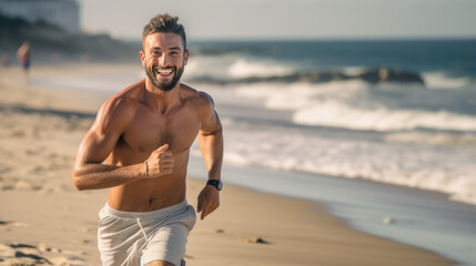 Handsome man running on the beach