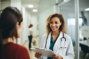 A female doctor discusses with a smiling patient in a hospital, reflecting a positive and compassionate healthcare interaction. - obrazy, fototapety, plakaty