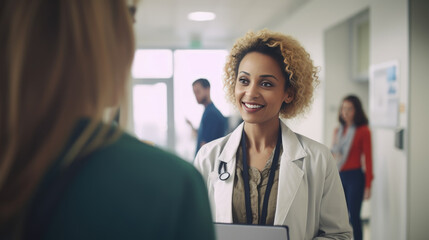 A doctor with a clipboard converses with a smiling patient at the hospital, conveying a comforting healthcare encounter. - obrazy, fototapety, plakaty