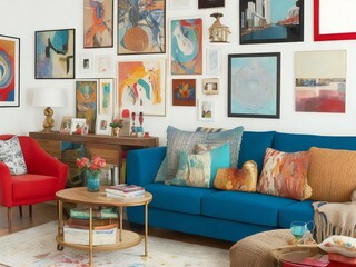 living room interior  with colorful frames