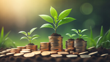 Green plant growing on coins on nature background. Savings, investment, interest and economic growth concept. Copy space - obrazy, fototapety, plakaty