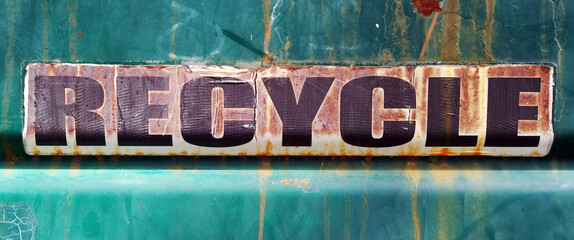 Close-up of weathered RECYCLE sign mounted on side of green metal dumpster.