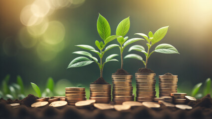 Fototapeta na wymiar Green plant growing on coins on nature background. Savings, investment, interest and economic growth concept. Copy space