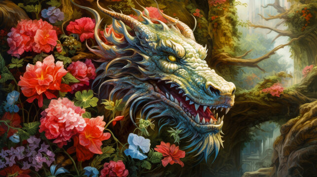 A dragon nestled within a magical garden adorned with a profusion of blossoms.