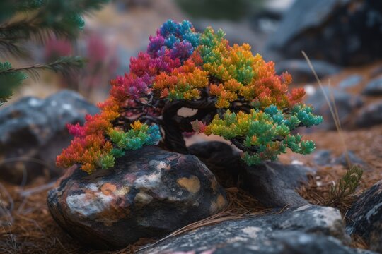 Small Tree Growing Out Of A Rock, Colorful Leaves