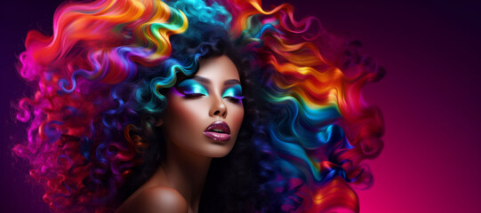 Obraz na płótnie Canvas Stunning dreamy black woman with long colorful hairextensions. Beauty fashion banner