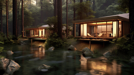 concept design for modern thai style cabins in the woods with small hot pools fed be a creek - obrazy, fototapety, plakaty