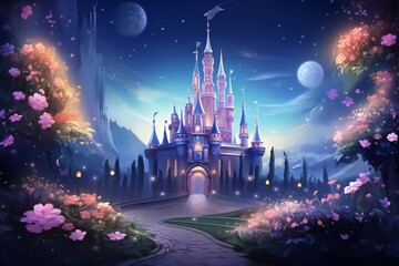 Obraz premium FairyTale landscape, the road leading to the castle. illustration